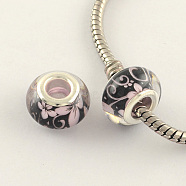 Large Hole Flower Pattern Resin European Beads, with Silver Color Plated Brass Double Cores, Rondelle, Pink, 14x9mm, Hole: 5mm(OPDL-R120-02A)