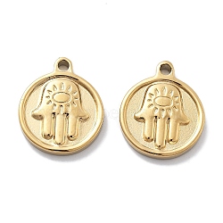 PVD Vacuum Plating 304 Stainless Steel Pendants, Flat Round with Hamsa Hand Charm, Real 18K Gold Plated, 18x15x2.5mm, Hole: 1.6mm(STAS-R130-30G)