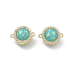 Brass Micro Pave Clear Cubic Zirconia Flat Round Connector Charms, with Turquoise Synthetic Opal, Real 18K Gold Plated, 14x10x7.5mm, Hole: 0.9mm(KK-B129-24G-02)