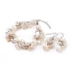 Natural White Moonstone Dangle Earrings and Bracelets Sets, with Metal Findings, Chip, Earrings: 50mm, Bracelets: 7-1/2 inch(19cm)(SJEW-JS00972)