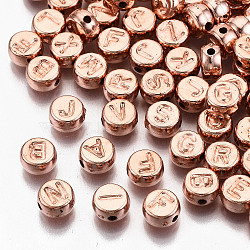 CCB Plastic Beads, Horizontal Hole, Flat Round with Letter, Rose Gold, 7x4mm, Hole: 1.4mm(X-CCB-N004-002RG)