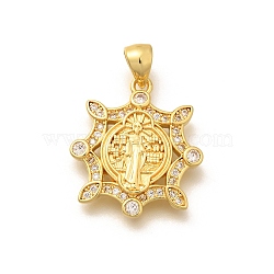 Religion Themed Rack Plating Brass Micro Pave Cubic Zirconia Pendants, Long-Lasting Plated, Lead Free & Cadmium Free, Mixed Shape Charms, Flower, 21.5x19x3mm, Hole: 5x3mm(KK-L226-007G-10)