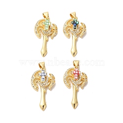 Axe Shapes Rack Plating Brass Cubic Zirconia Pendants, with Enamel & Shell, Long-Lasting Plated, Lead Free & Cadmium Free, Real 18K Gold Plated, Mixed Color, 31x16x3mm, Hole: 4x5mm(KK-K385-076G)