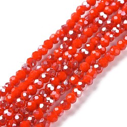 Electroplate Opaque Glass Beads Strands, Half Rainbow Plated, Faceted, Rondelle, Tomato, 4x3mm, Hole: 0.4mm, about 123~127pcs/strand, 16.5~16.9 inch(42~43cm)(EGLA-A034-P4mm-H16)