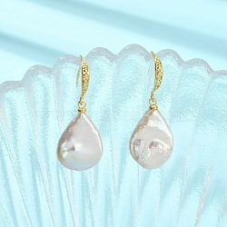 Teardrop Natural Keshi Pearl Dangle Earrings for Women, with Brass Earring Hooks, Golden, 34~35x13~14mm(EJEW-JE07016)
