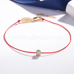 Brass with Cubic Zirconia Flat Round Beaded Bracelet, with Red Cords, Golden, 7-1/8 inch(18cm)(FIND-PW0024-13C)
