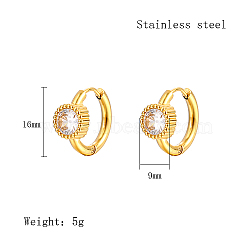 Cubic Zirconia Hoop Earrings, Real 18K Gold Plated 304 Stainless Steel Earrings, Flat Round, 16x9mm(VX9431-10)