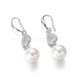 Shell Pearl Dangle Earrings, with Cubic Zirconia teardrop, Beads and Brass Earring Hook, Round, Platinum, 40mm, Pin: 1mm(EJEW-G263-12P)