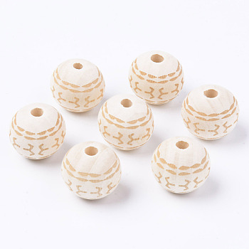 Unfinished Natural Wood European Beads, Large Hole Beads, for DIY Painting Craft, Laser Engraved Pattern, Round, Antique White, 20x18mm, Hole: 4mm