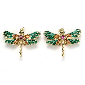 Autumn Theme Brass Micro Pave Cubic Zirconia Pendants, Cadmium Free & Lead Free, with Enamel and Jump Rings, Long-Lasting Plated, Dragonfly, Real 18K Gold Plated, 32x40x8mm, Jump Ring: 5x1mm, 3mm Inner Diameter