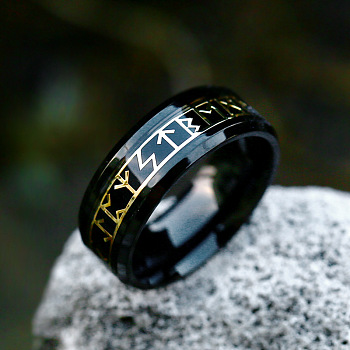 Titanium Steel  Words Finger Rings, Rune Words Odin Norse Viking Amulet Jewelry, Electrophoresis Black, US Size 10(19.8mm)