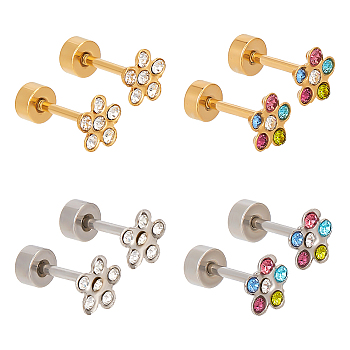 4 Pairs 4 Colors Rhinestone Flower Stud Earrings, Titanium Steel Earrings for Women, Mixed Color, 10x6x6mm, 1 pair/color