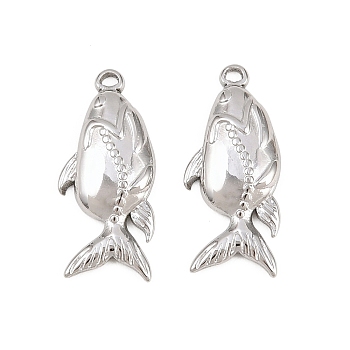 304 Stainless Steel Pendants, Koi Fish Shape Charms, Stainless Steel Color, 20.5x9x2.5mm, Hole: 1mm