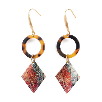 Cellulose Acetate(Resin) Dangle Earrings, with 316 Surgical Stainless Steel Earring Hooks and Printed Iron Findings, Ring and Rhombus, Colorful, 74~75mm, Pin: 0.7mm
