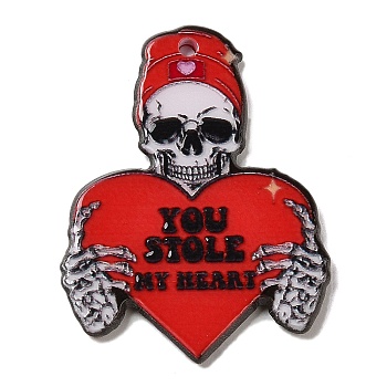 Acrylic Pendants, Valentine's Day Skull Charm, Heart, 38.5x29.5x1.5mm, Hole: 1.6mm