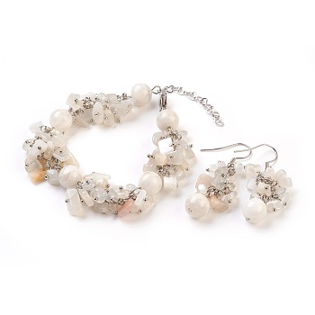 Natural White Moonstone Dangle Earrings and Bracelets Sets, with Metal Findings, Chip, Earrings: 50mm, Bracelets: 7-1/2 inch(19cm)