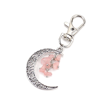 Antique Silver Palted Alloy Hollow Moon Pendant Decorations, Natural Rose Quartz Chip and Swivel Clasp Charm for Bag Ornaments, 80x30mm