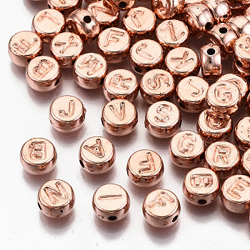 CCB Plastic Beads, Horizontal Hole, Flat Round with Letter, Rose Gold, 7x4mm, Hole: 1.8mm