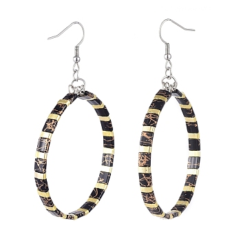 Dangle Earrings, with 2-Hole Glass Seed Beads, Steel Memory Wire and 316 Surgical Stainless Steel Earring Hooks, Ring, Black, 79mm, Pin: 0.7mm