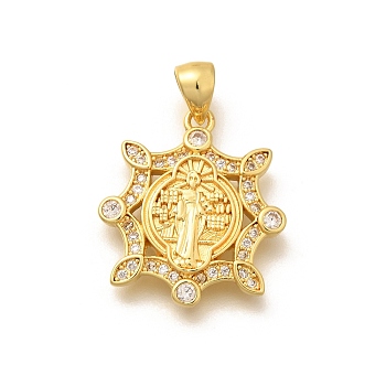 Religion Themed Rack Plating Brass Micro Pave Cubic Zirconia Pendants, Long-Lasting Plated, Lead Free & Cadmium Free, Mixed Shape Charms, Flower, 21.5x19x3mm, Hole: 5x3mm