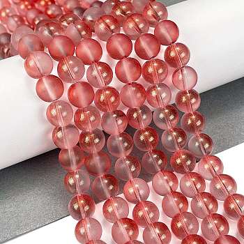 Frosted Transparent Glass Bead Strands, with Gold Powder, Round, Salmon, 10mm, Hole: 1mm, about 84pcs/strand, 31.50''(80cm)