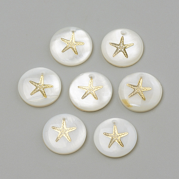 Freshwater Shell Pendants, Flat Round & Starfish/Sea Stars, Golden, 16x3.5~4mm, Hole: 1.2mm
