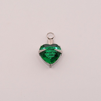 Faceted Glass Urn Pendant, with 316 Stainless Steel Findings, Heart with Always On My Mind Forever In My Heart, for Ashes Urn Memorial Necklace Making, Stainless Steel Color, Green, 33x21.5x11.5mm, Hole: 5mm