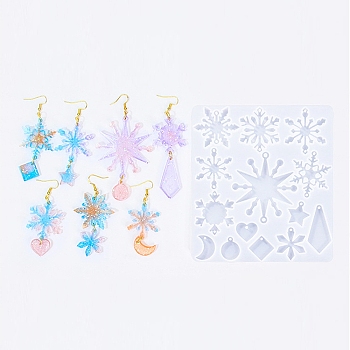 DIY Pendant Silicone Molds, Resin Casting Molds, Snowflake, For Christmas, White, 131x117x4.5mm, Hole: 1.7mm amd 2.6mm, Inner Diameter: 14~59x14.5~54mm