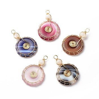 Natural Striped Agate/Banded Agate Pendants, Dyed, with Natural Moonstone Beads and Eco-Friendly Copper Wire Wrapped, Donut/Pi Disc Charm, Mixed Color, Real 18K Gold Plated, 46.5x30x6.5mm, Hole: 4mm