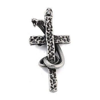 Retro 304 Stainless Steel Big Pendants, Cross with Snake Charm, Antique Silver, 60.5x30.5x8.5mm, Hole: 9x5mm