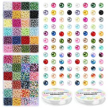 2 Sets 2 Styles DIY Round ABS Plastic Imitation Pearl and Glass Pearl Beads Bracelets Making Kits, Mixed Color, 6x5.5mm, Hole: 1.8mm, 1200pcs/set, 1 set/style