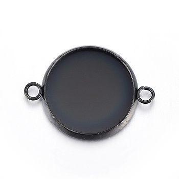 Stainless Steel Cabochon Connector Settings, Plain Edge Bezel Cups, Flat Round, Electrophoresis Black, Tray: 14mm, 16x21x2mm, Hole: 1.8mm