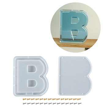 Letter-shaped Food Grade Money Box Silicone Molds, Storage Molds, Resin Casting Molds, with Iron Screws, Letter.B, Finished: 197x171x27mm, Hole: 2mm