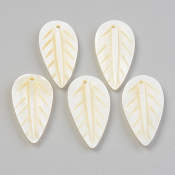 Natural Freshwater Shell Pendants, Leaf, Seashell Color, 29~31x13.5~15x3mm, Hole: 1.2mm