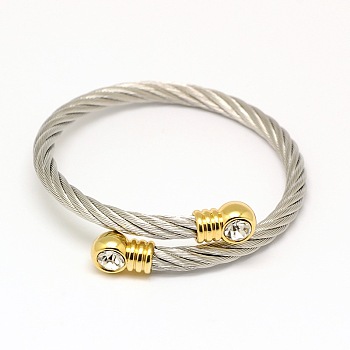 Trendy Women's 304 Stainless Steel Torque Bangles, with Rhinestone Head Findings, Golden and Stainless Steel Color, 52mm