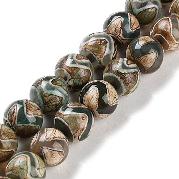 Natural Tibetan Wave Pattern dZi Agate Beads Strands, Dyed & Heated, Round, Dark Olive Green, 10mm, Hole: 1mm, about 30~38pcs/strand, 11.89~15.12''(30.2~38.4cm)