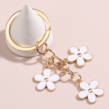 Cute Flower Keychains, Alloy Enamel Pendant Keychains, with Iron Findings, White, 8.5x3cm