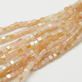 Electroplate Glass Beads Strands, Imitation Jade, Half Plated, Faceted Cube, Bisque, 4x4x4mm, Hole: 1mm, about 100pcs/strand, 16.9 inch