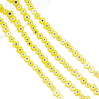 Nbeads 2 Strands 2 Style Handmade Lampwork Beads Strands, Flower with Evil Eye, Yellow, 6~9x6~9x3mm, Hole: 0.7~0.8mm, about 63~65pcs/strand, 14.57 inch~15.94 inch(37~40.5cm), 1 strands/style