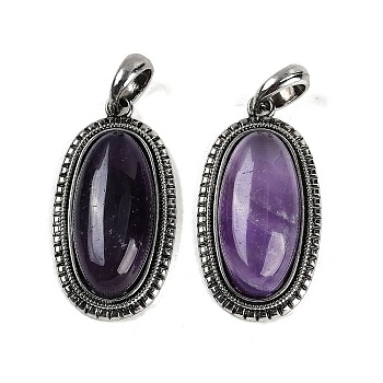 Natural Amethyst Pendants, Oval Charms, with Antique Silver Tone Alloy Findings, Cadmium Free & Lead Free, 40x20.5x7.5mm, Hole: 6.5x7mm