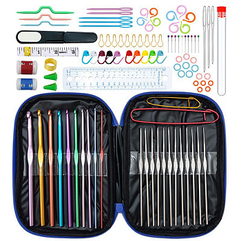 DIY Hand Knitting Craft Art Tools Kit for Beginners, with Storage Case, Crochet Needles Set, Knitting Needles, Needles Stitch Marker, Scissor, Blue, 18.5x13.5x2cm