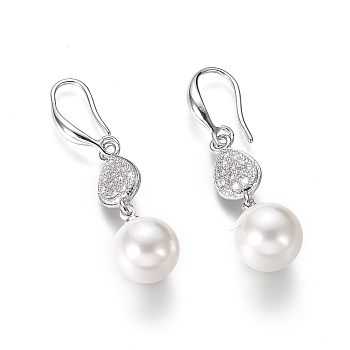 Shell Pearl Dangle Earrings, with Cubic Zirconia teardrop, Beads and Brass Earring Hook, Round, Platinum, 40mm, Pin: 1mm