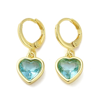Real 18K Gold Plated Brass Dangle Leverback Earrings, with Heart Glass, Light Blue, 25.5x10mm