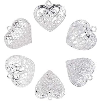 Brass Filigree Heart Pendants, Silver Color Plated, 21.5x19.5x10.5mm