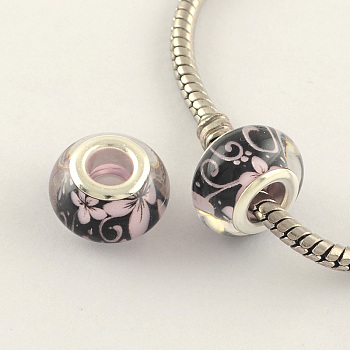 Large Hole Flower Pattern Resin European Beads, with Silver Color Plated Brass Double Cores, Rondelle, Pink, 14x9mm, Hole: 5mm