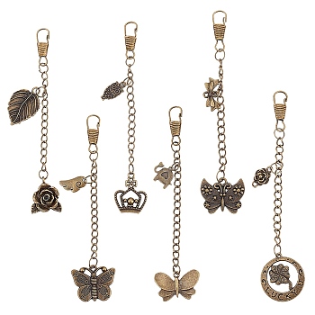 6Pcs 6 Style Tibetan Style Alloy Keychains, with Keychain Clasp Findings, Antique Bronze, 11.8~13.2cm, 1pc/style