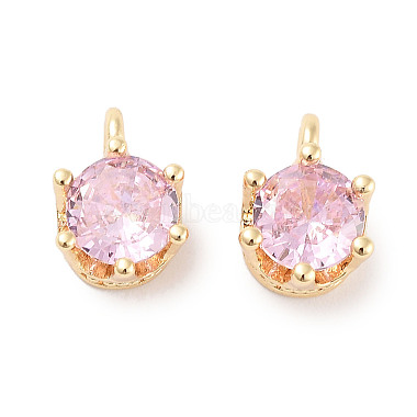 Real 18K Gold Plated Pearl Pink Flat Round Brass+Cubic Zirconia Charms