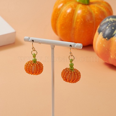 Wood & Seed Beaded Pumpkin Pendant Dangle Earring(EJEW-JE05183)-3