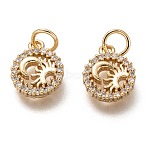 Brass Micro Pave Clear Cubic Zirconia Charms, Long-Lasting Plated, with Jump Ring, Flat Round with Moon and Sun, Golden, 11.5x9x2mm, Jump Ring: 5x1mm, 3mm Inner Diameter(ZIRC-C020-70G)