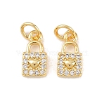 Brass Micro Pave Cubic Zirconia Pendants, Lock Charms, Long-Lasting, Rack Plating, Lead Free & Cadmium Free, with Jump Ring, Real 18K Gold Plated, 11x6x2.5mm, Jump Ring: 5x1mm, Inner Diameter: 3.5mm(KK-B167-18G)